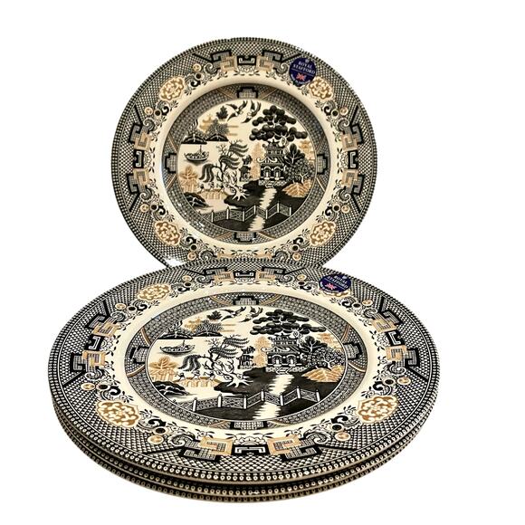 Royal Stafford Black Gold Asian Garden Willow Pagoda Dinner Plates Set of 4 New - Picture 2 of 16